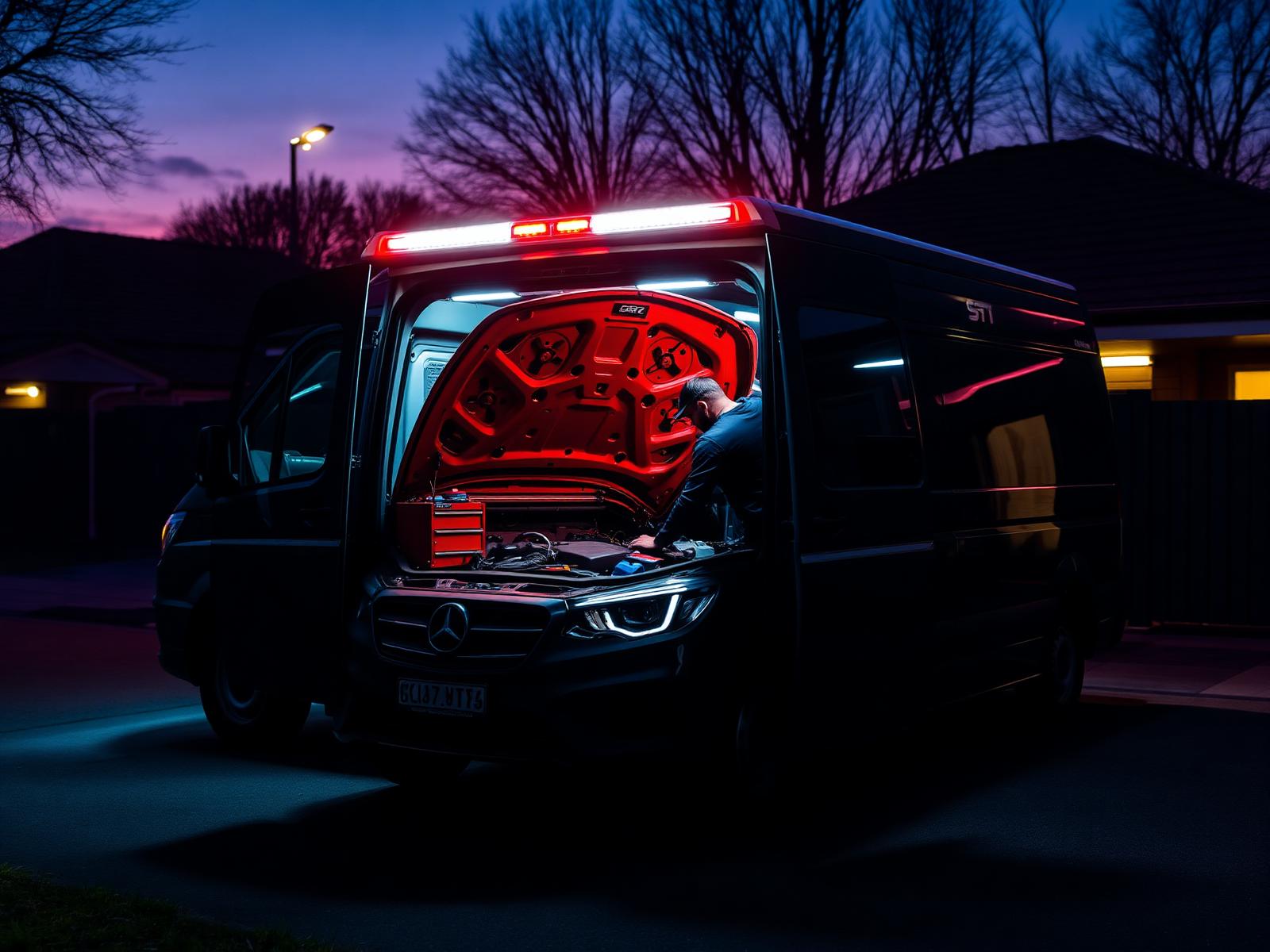 Mobile mechanic servicing a car at dusk